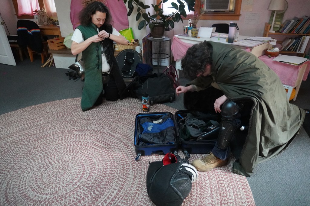 Cody Williams and Conner Hummel gear up to do demo sword fights for kids in a classroom at Siskiyou School in Ashland. April, 16 2026.
