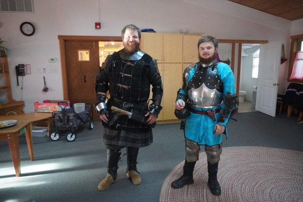 John Latson and Ethan Dille are ready to demonstrate heavy sword fighting for kids at Siskiyou School in Ashland, Oregon April 16, 2026.