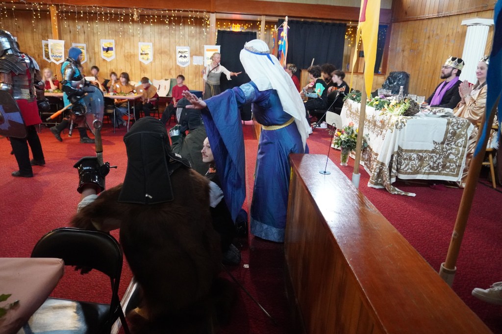 The acting princess, Dawn Dille, and teachers calmed down excited kids after a loud and thrilling fight at Siskiyou School in Ashland, Oregon. April 16, 2026. Kids' faces are blurred for identity protection.